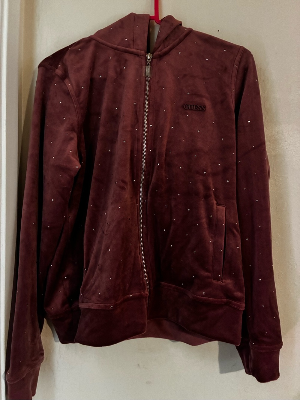 Guess Dark Pink Velour Zip Hoodie with Stud Accents